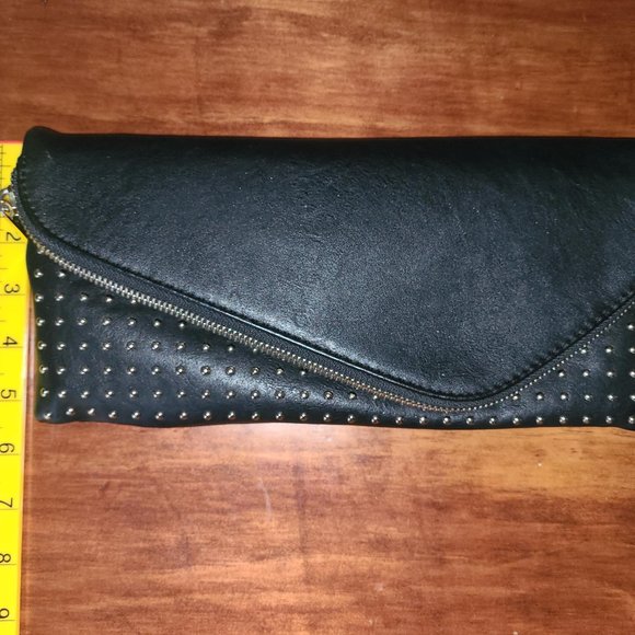 JustFab Black & Gold Studded PU Vegan Leather Clutch Fold Over Biker Punk Goth - Picture 12 of 12